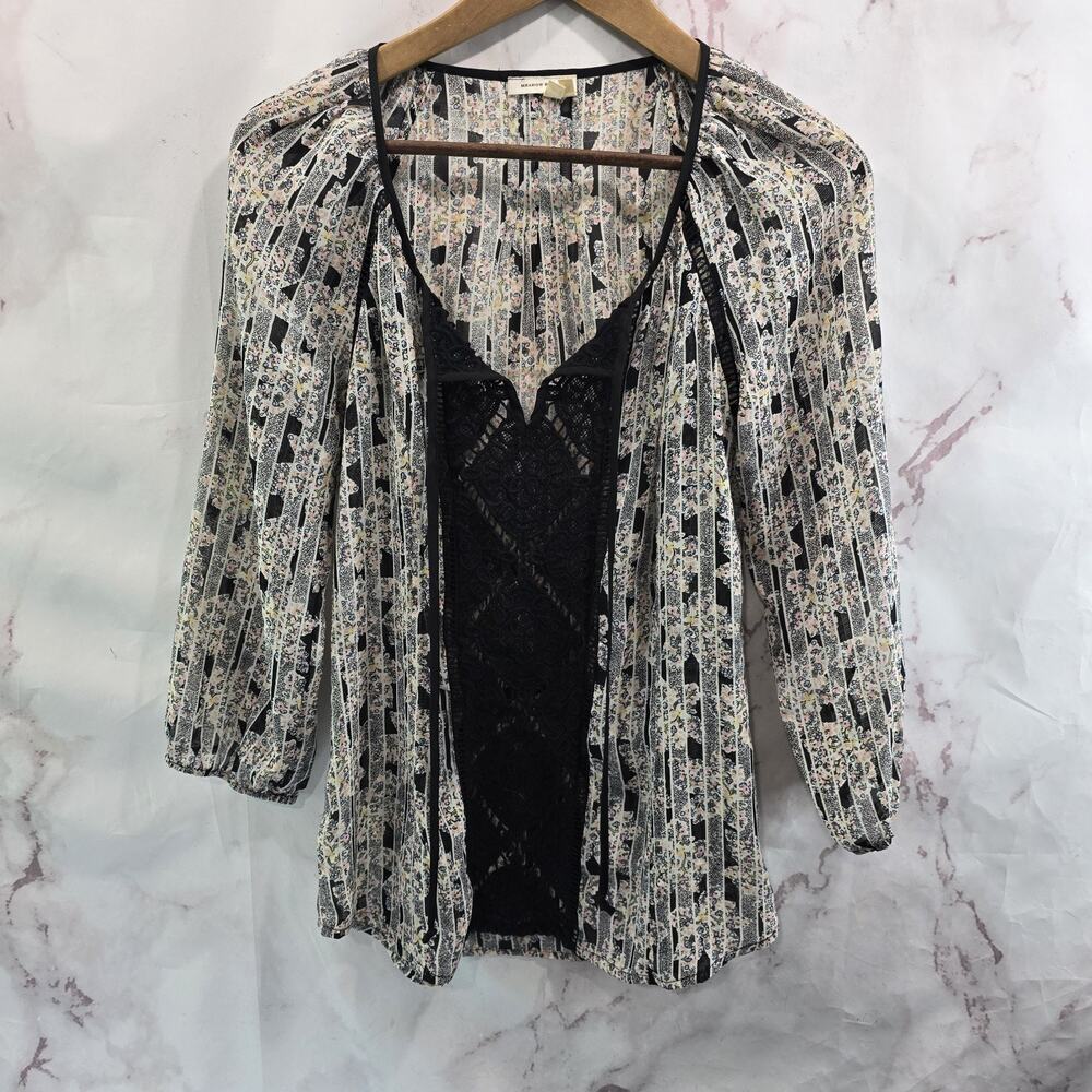 Anthropologie Shirt Womens XS Blouse Black Floral Popover Boho Meadow Rue